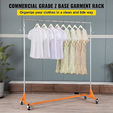 Z-Base Steel Garment Rack with Lockable Casters and Side Hooks for Clothing