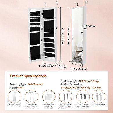 Jewelry Cabinet with Mirror, Wall or Door Mounted Organizer with Lock