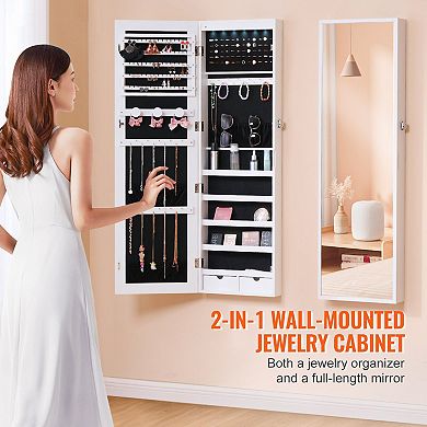 Jewelry Cabinet with Mirror, Wall or Door Mounted Organizer with Lock