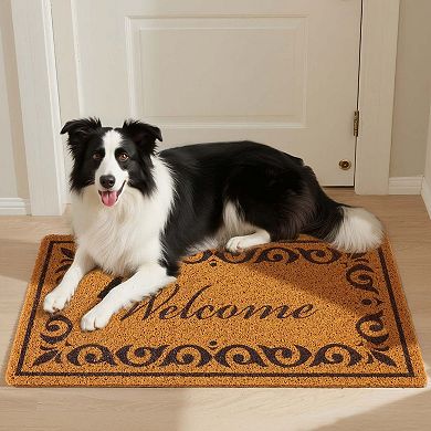 Faux Coir Welcome Doormat with Non-Slip PVC Backing for Indoor and Outdoor Use - Brown