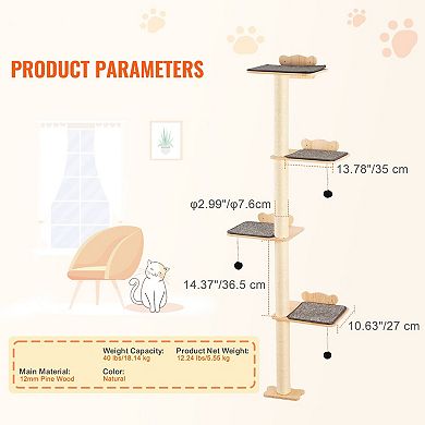 Wall-Mounted Cat Shelf Set with 4 Platforms, Posts, and Toy Balls for Climbing Cats