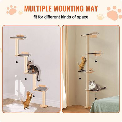 Wall-Mounted Cat Shelf Set with 4 Platforms, Posts, and Toy Balls for Climbing Cats