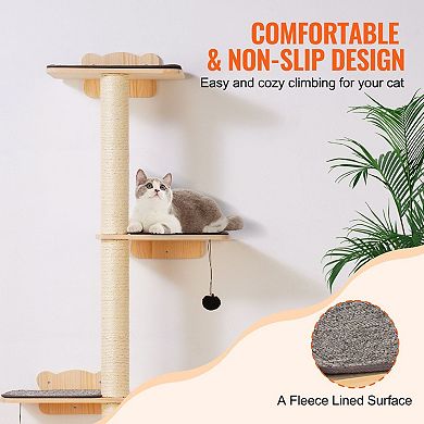 Wall-Mounted Cat Shelf Set with 4 Platforms, Posts, and Toy Balls for Climbing Cats