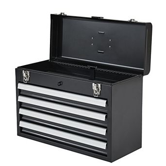Portable Metal Toolbox with Sliding Drawers, Top Storage, and Lock Hole
