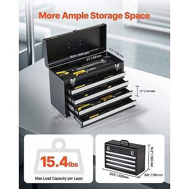 Portable Metal Toolbox with Sliding Drawers, Top Storage, and Lock Hole