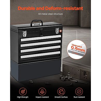 Portable Metal Toolbox with Sliding Drawers, Top Storage, and Lock Hole