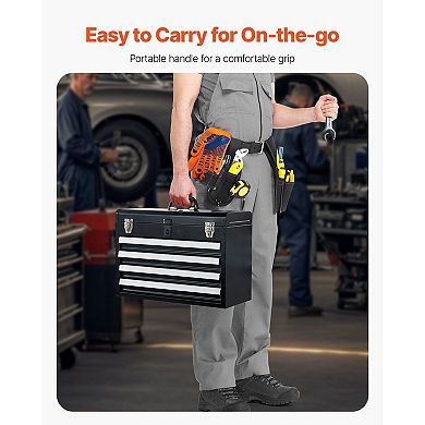 Portable Metal Toolbox with Sliding Drawers, Top Storage, and Lock Hole