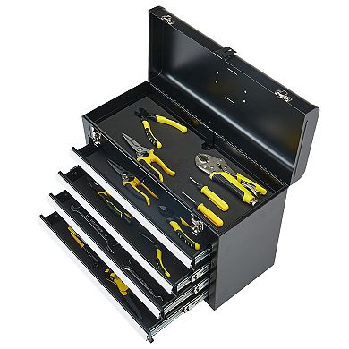 Portable Metal Toolbox with Sliding Drawers, Top Storage, and Lock Hole
