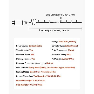 Plug-In Christmas Lights with Timer, IP44 Waterproof, 200 Warm White LEDs