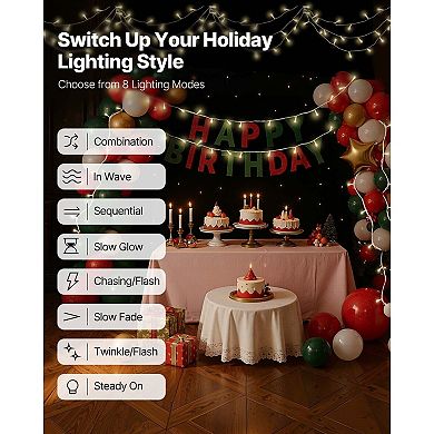 Plug-In Christmas Lights with Timer, IP44 Waterproof, 200 Warm White LEDs