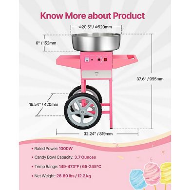 Cotton Candy Machine with Cart 1000W Easy 3-Step Operation for Events