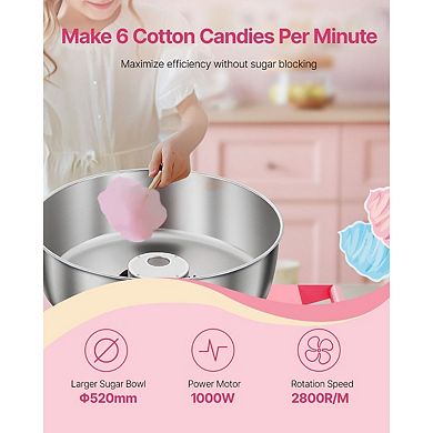 Cotton Candy Machine with Cart 1000W Easy 3-Step Operation for Events