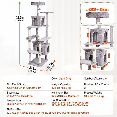 Plush Cat Tree with Condos, Hammock, Perch, and Hanging Toys for Active Cats