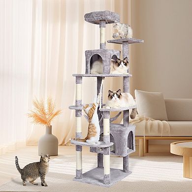Plush Cat Tree with Condos, Hammock, Perch, and Hanging Toys for Active Cats