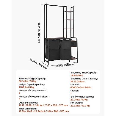 Rolling Laundry Hamper with Tabletop, Pull-Out Bags, and Metal Hanging Rod