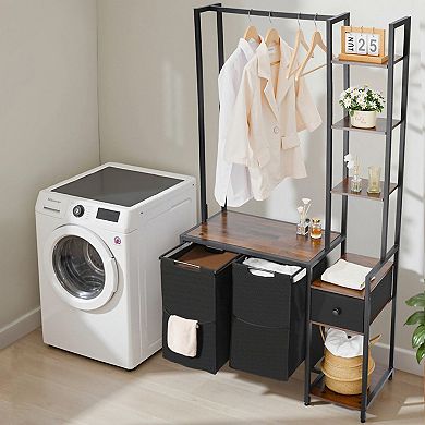 Rolling Laundry Hamper with Tabletop, Pull-Out Bags, and Metal Hanging Rod