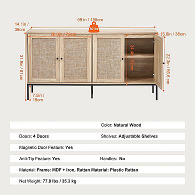 Rattan Storage Cabinet with Adjustable Shelves for Kitchen Living or Entryway