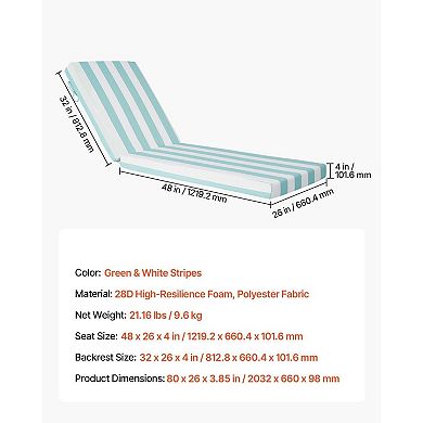 2-Piece Outdoor Chaise Lounge Cushion Set Seat and Back Cushions