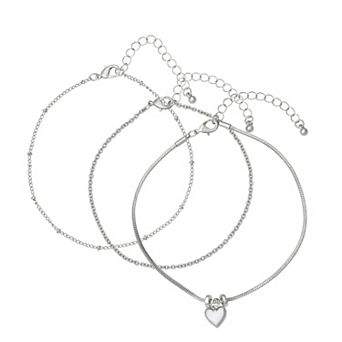 Emberly Silver Tone 3 pc Heart Anklet Set