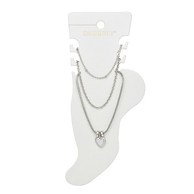 Emberly Silver Tone 3-Piece Heart Anklet Set