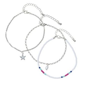 Emberly Silver Tone 3 pc Starfish Beaded Anklet Set