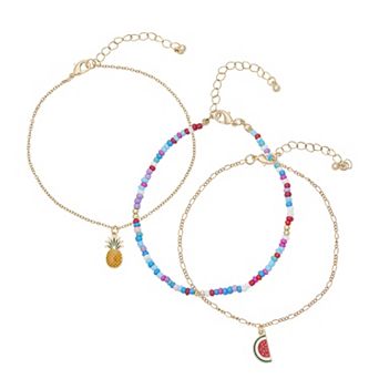 Emberly Gold Tone 3 pc Mix Media Fruits Anklet Set