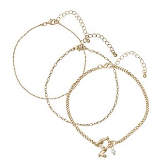 Emberly Gold Tone 3 pc Heart Toggle Anklet Set
