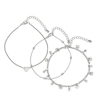 Emberly Silver Tone 3 pc Heart Anklet Set