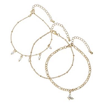 Emberly Gold Tone 3 pc Butterfly Charm Anklet Set