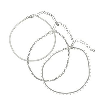 Emberly Silver Tone 3 pc Mixed Chain Anklet Set