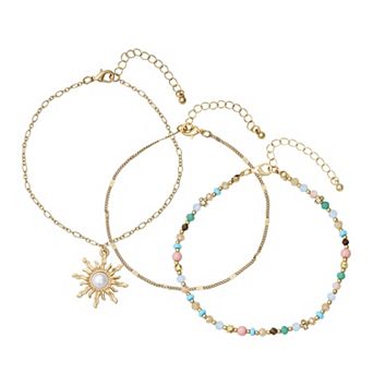 Emberly Gold Tone 3 pc Sun Charm Beaded Anklet Set