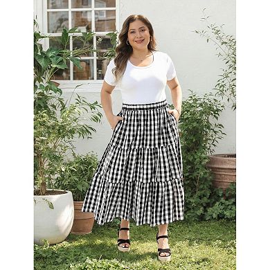 Plus Size Gingham Skirts Tiered Layer A Line with Pockets Flowy Vintage Plaid Maxi Long Skirts