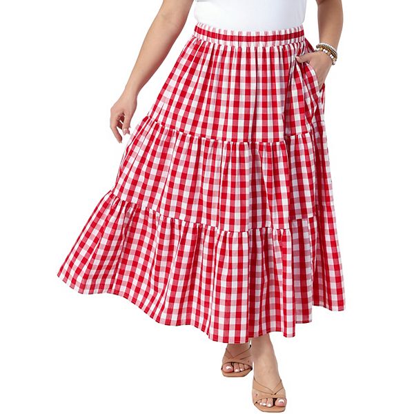 【ok.soon】gingham check long skirt Plus Size Gingham Skirts Tiered Layer A Line with Pockets Flowy