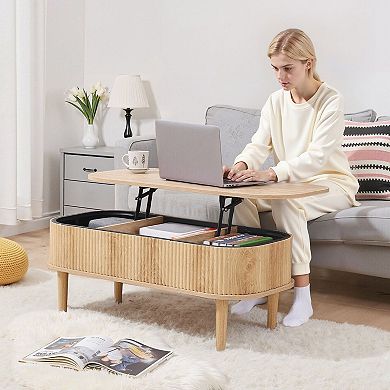 Lift-Top Wood Coffee Table with Storage and Adjustable Floor Support