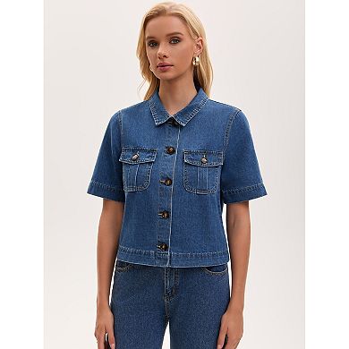 Women's Jean Jacket Crop Button Down with Pockets Casual Short Sleeve Denim Shirt