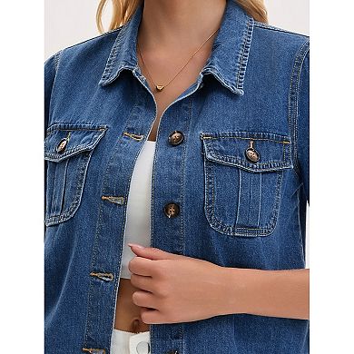 Women's Jean Jacket Crop Button Down with Pockets Casual Short Sleeve Denim Shirt