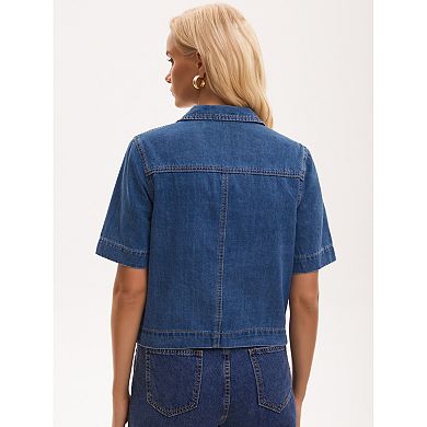 Women's Jean Jacket Crop Button Down with Pockets Casual Short Sleeve Denim Shirt