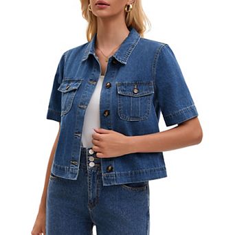 Women's Jean Jacket Crop Button Down with Pockets Casual Short Sleeve Denim Shirt
