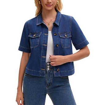 Women's Jean Jacket Crop Button Down with Pockets Casual Short Sleeve Denim Shirt