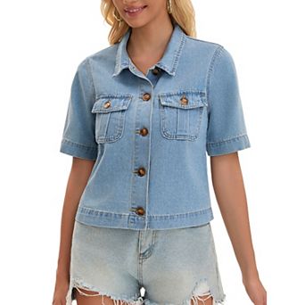 Women's Jean Jacket Crop Button Down with Pockets Casual Short Sleeve Denim Shirt