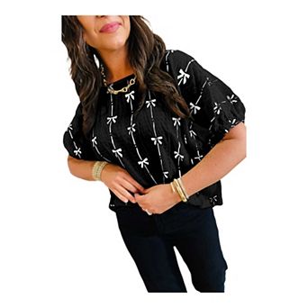Bow Print Puff Short Sleeve Top
