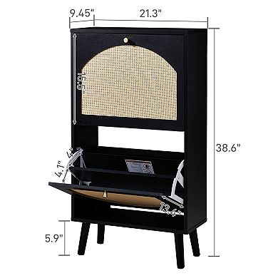 Slim Shoe Cabinet with Modern Flip-Down Doors and Rattan-Style Panels