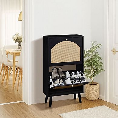 Slim Shoe Cabinet with Modern Flip-Down Doors and Rattan-Style Panels