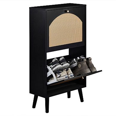 Slim Shoe Cabinet with Modern Flip-Down Doors and Rattan-Style Panels