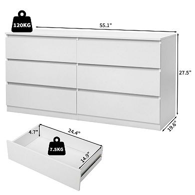 Modern 6-Drawer Dresser with Wide Drawers for Clothes and Accessories - White