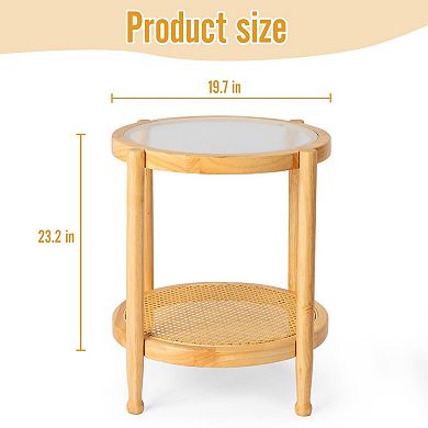 Round Glass Coffee Table with Rattan Shelf for Indoor or Covered Outdoor Use
