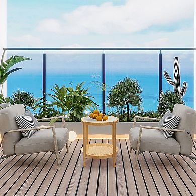 Round Glass Coffee Table with Rattan Shelf for Indoor or Covered Outdoor Use