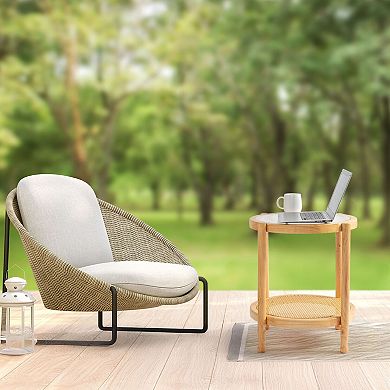 Round Glass Coffee Table with Rattan Shelf for Indoor or Covered Outdoor Use