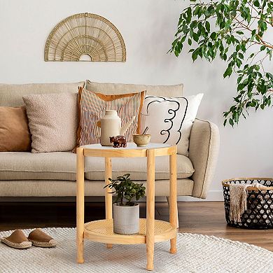 Round Glass Coffee Table with Rattan Shelf for Indoor or Covered Outdoor Use