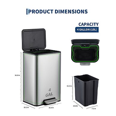 Stainless Steel Trash Can with Soft-Close Lid, Foot Pedal & Removable Inner Bucket